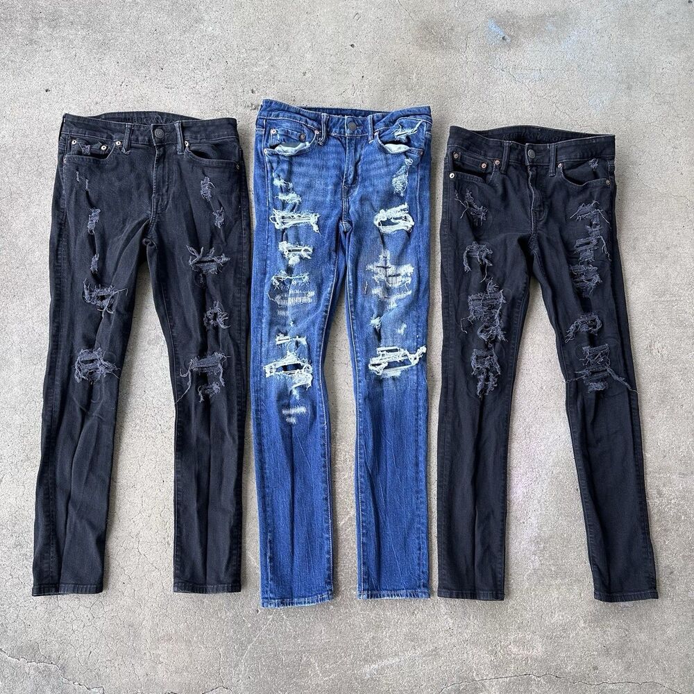 Lot of 3 American Eagle Airflex+ Distressed Skinny Jeans Men's 29x30 Black Blue
